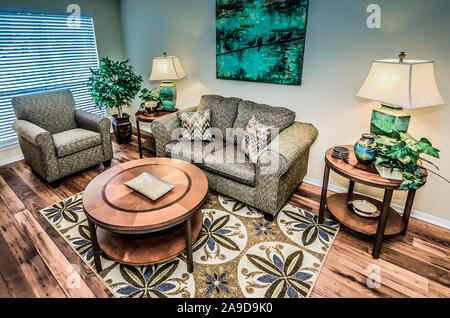 A living room features hardwood floors at Autumn Woods apartment homes in Mobile, Alabama. The apartment complex is owned by Sealy Management Company. Stock Photo