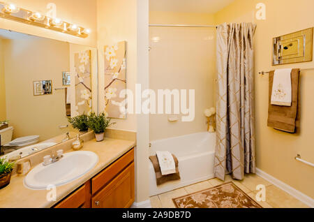 A bathroom sink and bathtub are pictured at Cypress Cove Apartment Homes in Mobile, Alabama. The apartment complex is owned and operated by Sealy. Stock Photo