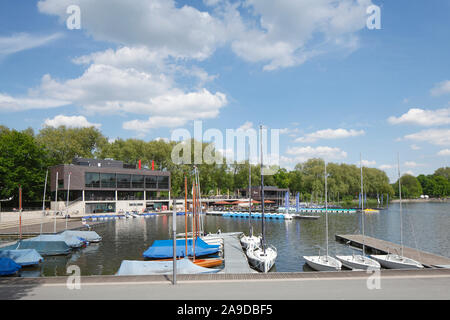 Restaurant Aaseeterrassen with boat harbor, Aasee, Münster in Westphalia, North Rhine-Westphalia, Germany Stock Photo