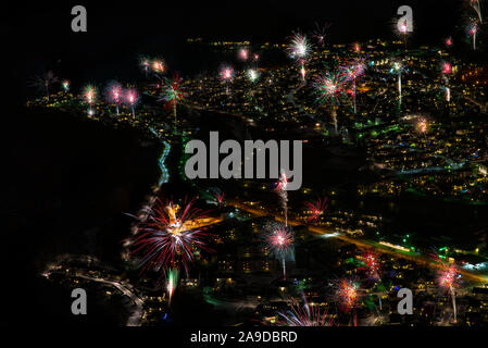 New Year fireworks photographed from high altitude. Stock Photo