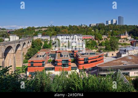 Railroad Viaduct and Amazon EU Central in Clausen, and view to Kirchberg, Luxembourg City, Grand Duchy of Luxembourg Stock Photo