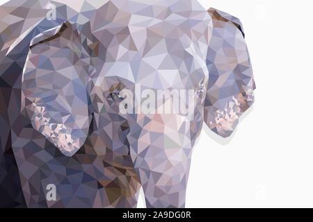 Low poly the head of elephant on white background. Closeup and copy space for text. Polygonal vector illustration design. Stock Vector