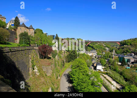 View over the valley of the river Alzette to the old town of Luxembourg ...