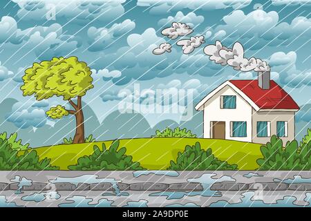 Landscape in rain. Hand drawn vector illustration with separate layers. Stock Vector