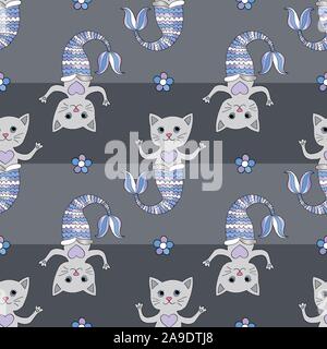 Cat mermaid vector seamless pattern. Hand drawn abstract cartoon girly kitty background. Swimming cute pets characters. Stock Vector