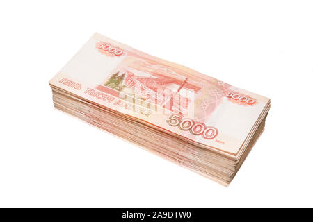 Stack of 5000 rubles packs isolated on a white background. The concept of wealth, profits, business and finance. Stack money in the five thousandth bi Stock Photo