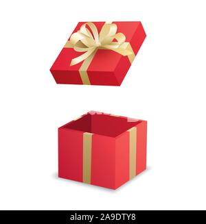 Open red gift box and gold ribbon isolated on white background. Use for christmas, new year, package. Stock Vector