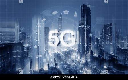 Futuristic city with 5G internet and application icons, Smart city Stock Photo