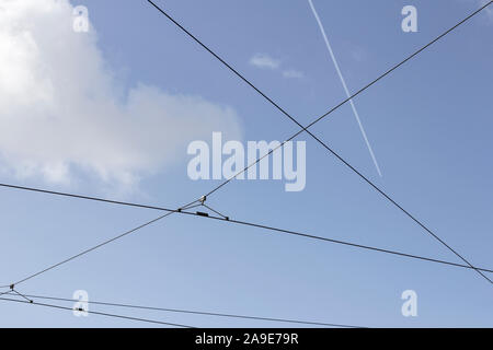 overhead wires in Lisbon, Stock Photo