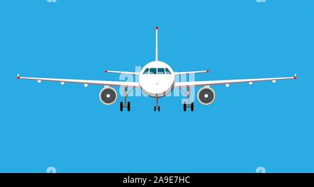 Airplane on blue background. Plane flying in the sky. Front view. Stock Vector