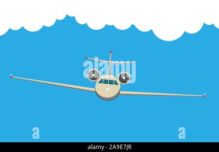 Background of Front view of Civil Aircraft airplane with sky and clouds. Airplane and flying machine. Stock Vector