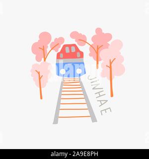 Jinhae Gunhangje Festival, doodle flat vector illustration of blooming pink sakura Stock Vector