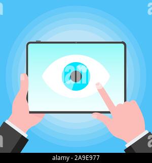 Big brother concept. Hands holding stablet pc spying with big eye on the screen isolated on light blue background flat style design vector illustratio Stock Vector