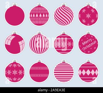 Magic, pink christmas balls stickers isolated on gray background. High quality vector set of christmas baubles. Stock Vector