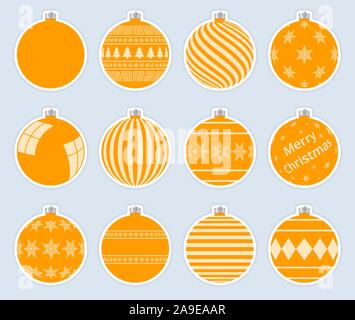 Magic, orange christmas balls stickers isolated on gray background. High quality vector set of christmas baubles. Stock Vector