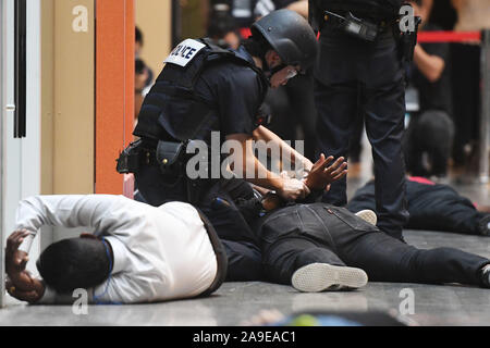 Singapore. 15th Nov, 2019. An anti-terrorist exercise is held in Singapore's Velocity shopping mall on Nov. 15, 2019. The Singapore Police Force conducted the anti-terrorist exercise codenamed 'Exercise Heartbeat' at Velocity shopping mall on Friday. Credit: Then Chih Wey/Xinhua/Alamy Live News Stock Photo