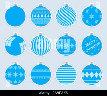 Magic, blue christmas balls stickers isolated on gray background. High quality vector set of christmas baubles. Stock Vector