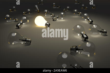 Some light bulbs only one is glowing. Concept image for having an idea. Stock Photo