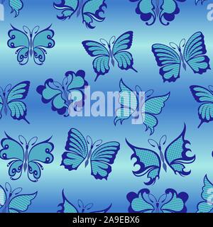 Seamless decorative pattern with blue various butterflies on background with gradient, hand drawing illustration Stock Vector