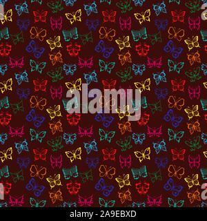 Seamless decorative pattern with colorful various butterflies on the dark red background, hand drawing illustration Stock Vector