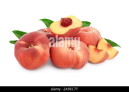Ripe chinese flat peach fruit and half with leaf isolated on white background Stock Photo