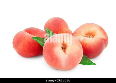 Ripe chinese flat peach fruit with leaf isolated on white background Stock Photo