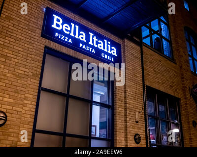 9 Bella Italia - just one of the many popular chain restuarants located at the Riverside complex in Norwich, Norfolk captured early evening before the Stock Photo