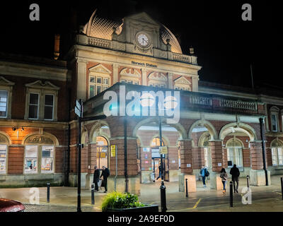 Norwich train station captured on a dark and rainy winter's evening Stock Photo