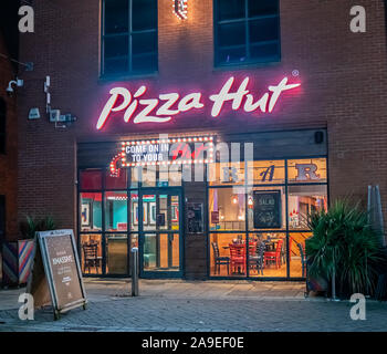 Pizza Hut, Riverside, Norwich captured at night before the rush of diners descends for dinner Stock Photo