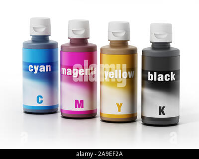CMYK ink filling bottles isolated on white background. 3D illustration ...