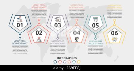 Vector flat infographic template. Line pentagon with text and icons for six diagrams, graph, flowchart, timeline, marketing, presentation. Business Stock Vector