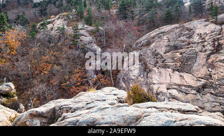 travel to South Korea - panoramic view of overgrown old rocks in Seoraksan National Park in South Korea in autumn Stock Photo