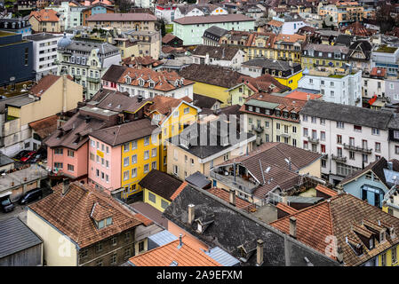 Residential houses in the centre of Interlaken, Switzerland, from above Stock Photo