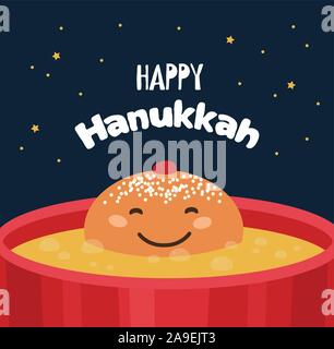 Greeting card with funny Hanukkah traditional donut frying in an oil pot. Stock Vector