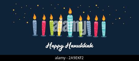 Greeting card for jewish holiday of Hanukkah. Colorful candles on night background. vector illustraation Stock Vector