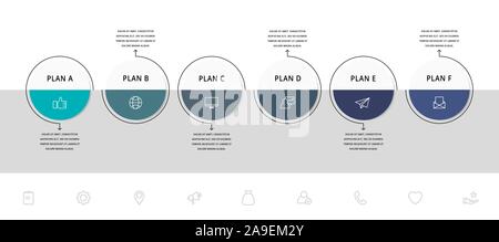 Vector flat infographic template. Line circles with text and icons for six diagrams, graph, flowchart, timeline, marketing, presentation. Business Stock Vector