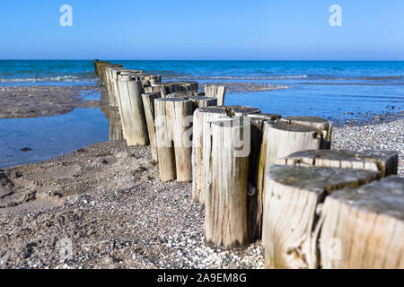 Wide horizon at wooden row of groynes on tranquil beach of german baltic sea Stock Photo