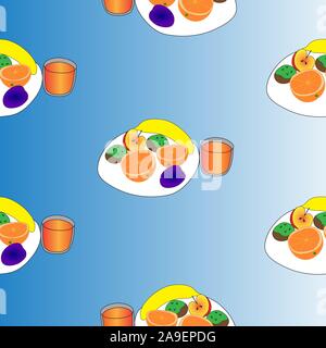 Fresh fruit on a plate and a glass of juice. Vector seamless illustration. Stock Vector