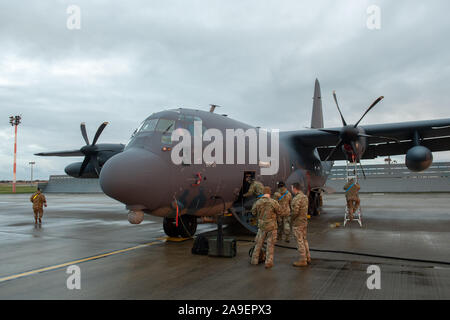 A US Air Force MC-130J Commando II from the 352nd Special Operations Wing on the tarmac at RAF Mildenhall in Suffolk after completing Exercise Point Blank. Stock Photo