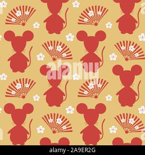 Cute chinese New year of the rat seamless vector pattern illustration with red mouse silhouette design and oriental folding fans with flowers on gold Stock Vector