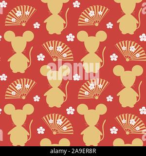 Cute chinese New year of the rat seamless vector pattern illustration with gold mouse silhouette design and oriental folding fans with flowers on red Stock Vector
