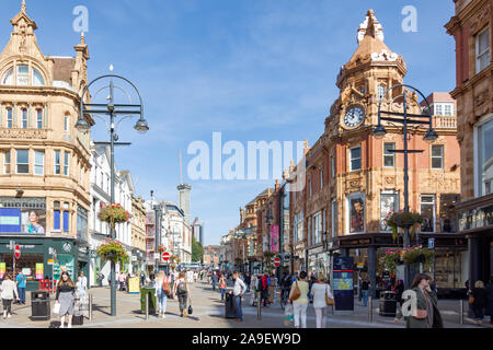 Pedestrianised Briggate shopping street, Leeds, West Yorkshire, England, United Kingdom Stock Photo