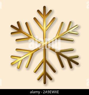 Shimmering golden snowflake. Vector 3d illustration of glowing metallic snowflake shape isolated on black. New Year or Christmas decoration element. R Stock Vector
