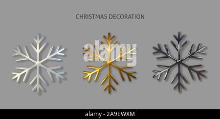 Shimmering golden snowflake. Vector 3d illustration of glowing metallic snowflake shape isolated on black. New Year or Christmas decoration element. R Stock Vector