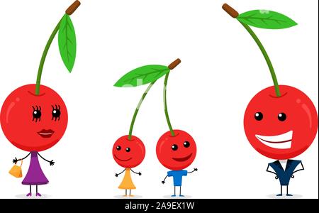 Happy family cute cartoon cherry character set. Funny mother father and children vector illustration Stock Vector
