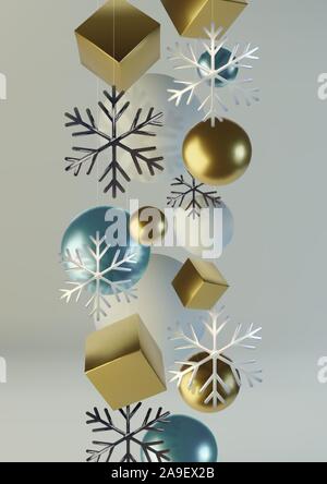 Realistic spheres and cubes. Abstract background of primitive geometric figures. Realistic 3d illustration of shimmering metallic snowflake. Greeting Stock Vector