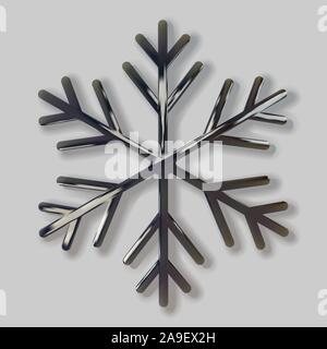 Glitter covered black snowflake. Realistic 3d illustration of shimmering metallic snowflake isolated on gray background. Greeting card, invitation hap Stock Vector