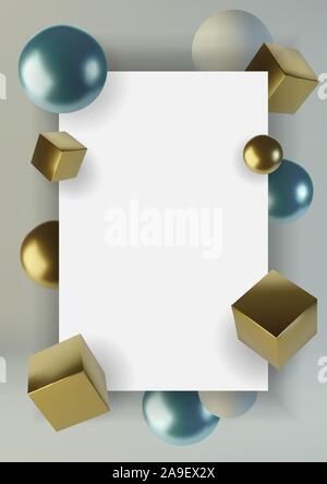 Realistic spheres and cubes. Abstract background of primitive geometric figures. Design element of 3d golden and blue ball and box. Vector Stock Vector