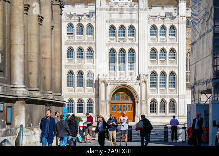 London, UK - September 22, 2019 - Front of Guildhall, an ancient town hall, with tourists walking around