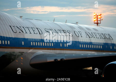 Ljubljana Airport, Slovenia, June 9, 2008: A detail of Air Force One Boeing 747 aircraft carrying the President of the United States. Stock Photo